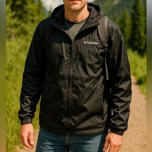 Columbia Men's Black Rainproof  Performance Windbreaker Hooded Jacket Sz M